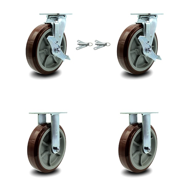 Service Caster 8 Inch Polyurethane Caster Set with 2 Brakes/Swivel Lock 2 Rigid SCC-30CS820-PPUR-TLB-BSL-2-R-2 - main